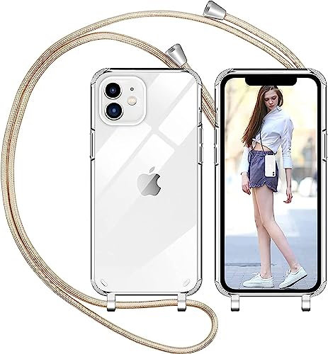 Nupcknn Coque avec Cordon pour iPhone 12 Mini, Transparent Coque Collier Réglable Téléphone Étui Portable Lanyard Case Protection Complète Cover de iPhone 12 Mini (l'or)