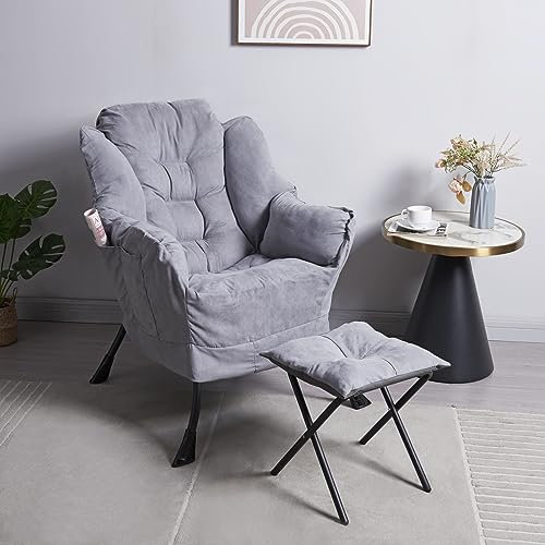 Panana Modern Armchair Accent Chair Lazy Chair Lounge Chair with Armrests, Light Grey, Includes Detachable Footstool for Enhanced Comfort and Relaxation