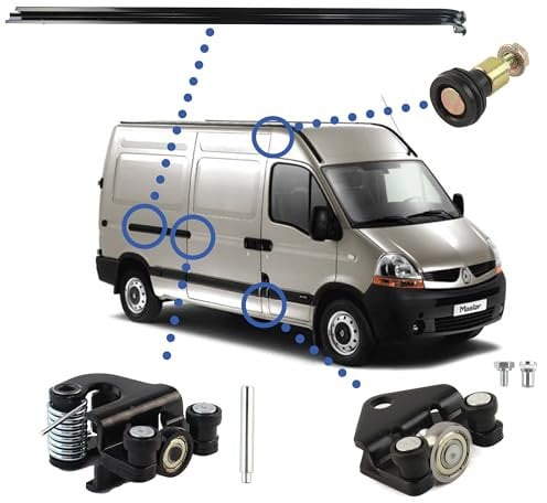 3 roulettes porte latérale + RAIL DE PORTE compatible pour Master 2, Movano A, Interstar (1997-2010) galet de porte coulissante + rail | Guide HAUT - MILIEU - BAS de porte