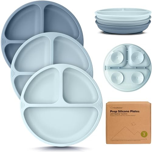 KeaBabies Kinder Teller für Baby, Kleinkind - 3er Pack 100% Silikon Baby Teller mit Saugnapf, Geteilte Kinderteller mit Unterteilung, Silikonplatten für Baby, BPA-frei, Mikrowellenfest (Alps)