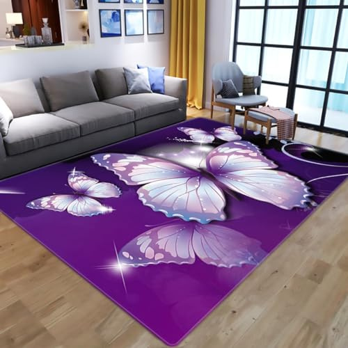 Xisnuient Kinder Teppiche 3D Doodle Schmetterling Blume Muster Jungen MäDchen Wohnzimmer Teppich Kids Zimmer Spiel Flauschiger Carpet Waschbar KüChe Bad Anti-Rutsch-FußMatte (Lila,140x200 cm)
