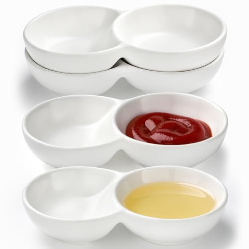 CHWAIKA Ceramic Dual Dipping Sauce Dish - Set of 4 Bowls With Two Compartments for Sushi, Soy Sauce, and Condiments (White)