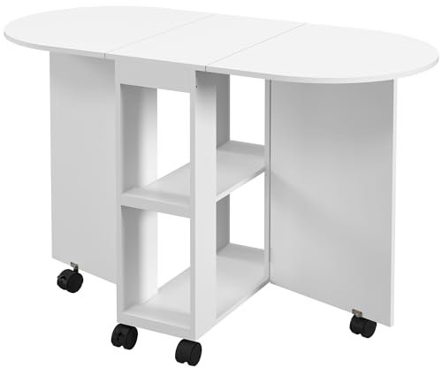 HOMCOM Mesa de Comedor Plegable Mesa de Cocina Moderno con Ruedas Laterales Abatibles y 2 Estantes Abiertos Carga 80 kg 120x60x77 cm Blanco