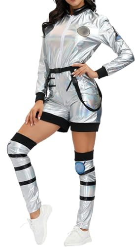 Costume de l'espace, pour homme et femme, brillant, pour Halloween, tenue de couple, métallisé, à manches longues, costume d'aviateur, uniforme de pilote