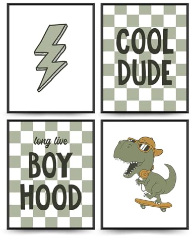 PLKMN Dinosaurier-Raumdekoration für Jungen, Long Live Boyhood-Wandkunstdrucke, adrette Poster, Blitzschild, Posterdrucke für Jungen, Teenager, Schlafzimmer, Spielzimmer, Schlafsaal, Dekoration,