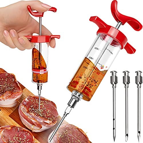 Ruhhy Fleischspritze-Set Marinadenspritze zum Pökeln 3 Fleischnadeln BBQ Smoker 50ml Rinderbraten Schweinebraten Schweinshaxen Stecks 23055