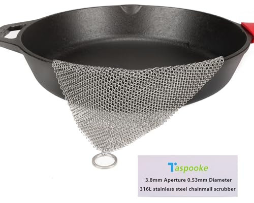 Cast Iron Scrubber, 316L Stainless Steel Fine Mesh Scraper, Upgraded 3.8mm Chainmail Scrubber, for Pre-Seasoned Pot Dutch Oven Waffle Maker Cast Iron Skillet Pan Glass Container (8''x6'')