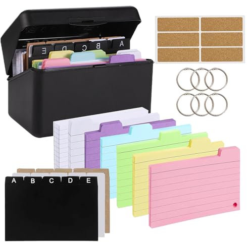 Karteikarten Box Lernbox Karteikasten mit 230 Karteikarten Bunt Liniert, 15 Register, 6 Binderinge, 6 Indexaufkleber, Karteikartenbox für Unterwegs Lernen Notizen Schulsachen Büro Zuhause