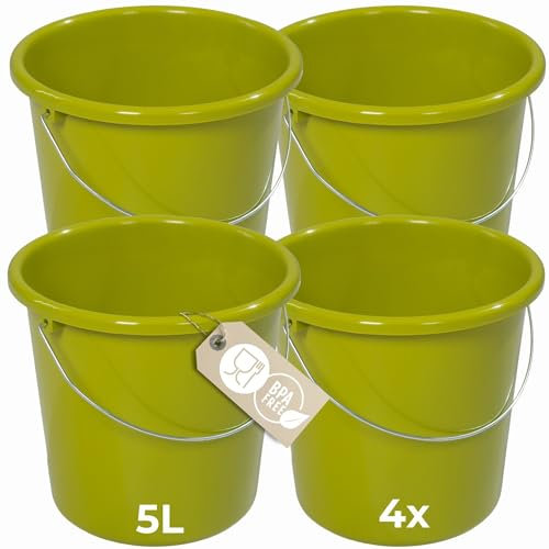 Novaliv 4 Stück Eimer 5L Grün mit Maßeinteilung - Putzeimer 5 Liter ? 22,5 cm Praktischer Allrounder mit Skala für Haushalt & Garten ideal als Haushaltseimer, Wassereimer, Wischeimer, Bucket