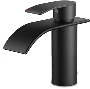 FORIOUS Black Waterfall Bathroom Faucet, Stainless Steel, Matte Black Finish, Single Hole Deck-Mount, Lever Handle, Disc Valve, Waterfall Spout Design, 80mm Height, 4.25 Spout Length