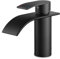 FORIOUS Black Waterfall Bathroom Faucet, Stainless Steel, Matte Black Finish, Single Hole Deck-Mount, Lever Handle, Disc Valve, Waterfall Spout Design, 80mm Height, 4.25 Spout Length