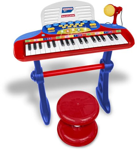 Bontempi | MiniKeyFun - Tastiera Giocattolo a 37 Tasti per Piccoli Musicisti con Microfono, Sgabello e Leggio, Blu e Rosso, 59,9x42,9x11,9 cm