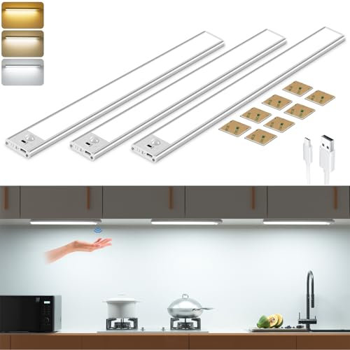 Reglette Led Cuisine 30cm, 56 LED 3 pièces Led Sans Fil, 3 Couleurs Temps & Dimmable Lampe de Placard, 2200mAh USB-C Rechargeable Led Cuisine Sous Meuble Veilleuse pour Armoire, Escalier