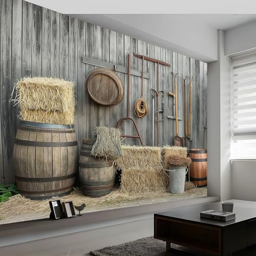 Wandtapete Ländliche Bauernhof-Heuhaufenwerkzeuge Fototapete, Verwitterter Bauernhof Vliestapete Bild Dekoration Wand-Dekor, 250 x 175 cm Tapete Panorama Poster Für Schlafzimmer Wohnzimmer