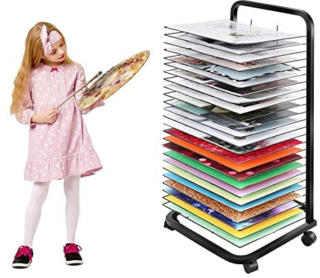 QUSYZD Kunst-Trockenständer, abnehmbare Regale, mobiler A3-Papier-Malerei-Trockenständer, stapelbarer Metall-Kunst-Organizer mit Rädern für Kunststudios und Klassenzimmer, schwa,-20 Shelves