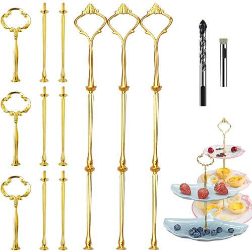 6 Stück Etageren Stangen Set, Gold Etagere 3 Etagen, Etagere Cupcake Ständer mit Bohrer, Tortenständer 3 Etagen für Buffet, Cookie, Party, Hochzeit, Home Decoration