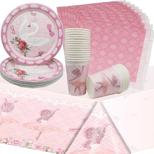 Doyomtoy Articoli da tavola per feste, 61 pezzi di ornamenti di compleanno per bambini Ballerina rosa, decorazioni di compleanno, tazze, piatti, tovaglioli, set di tovaglie per 20 ospiti