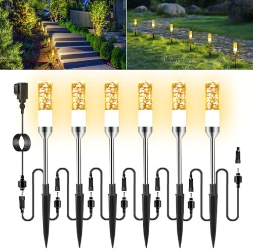 ECOWHO Garden Spike Lights Mains Powered, Extendable to 24 Lamps 12V Low Voltage Outdoor Landscape Lighting, IP65 Waterproof LED Pathway Lights Mains for Patio Path Driveway Warm White 6 Packs