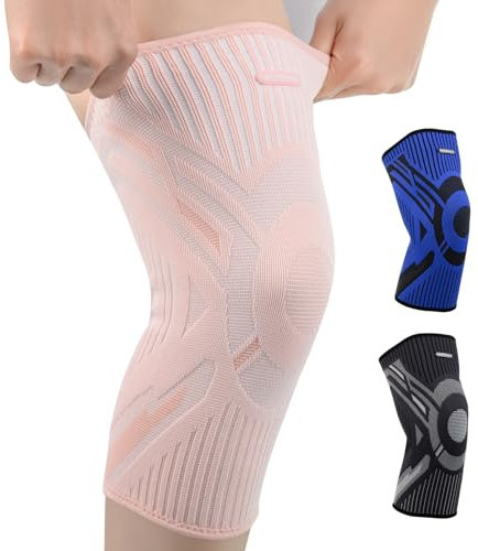 INDEEMAX 2er Pack Kniebandage Damen und Männer, Kompression Kniestütze für Arthritis, Meniskus, ACL, Sport, Laufen, Fußball, Atmungsaktiv Knie Bandage mit Anti Rutsch Silikonstreifen, Rosa,L