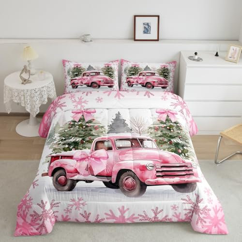 Parure de lit réversible 3 pièces avec housse de couette et 2 taies d'oreiller motif flocon de neige pour enfants et adultes, motif de camion de Noël, nœud kawaii, rose