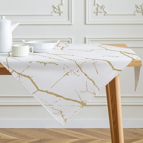 Tischdecke Weiß und Gold Mittelläufer Moderne Tischdecken mit Marmorstruktur Abstraktes Leinen Tischdekoration für Die Küche im Innenbereich Winter Frühling Feiertags Partydekor 100 x 100 cm