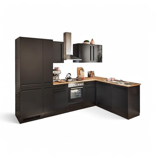 Jazz 8 Moderne Eckküche mit Elektrogeräten in Schwarz matt, Lanzelot Eiche Optik - Geräumige Küchenzeile in L-Form mit viel Stauraum - 310 x 211 x 60 cm (B/H/T)