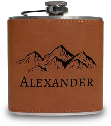 Flachmann personalisiert mit Gravur - Berge Design mit deinem Namen - Edelstahl mit Kunstleder - Geschenk für Männer - Outdoor & Camping - Braunes Kunstleder