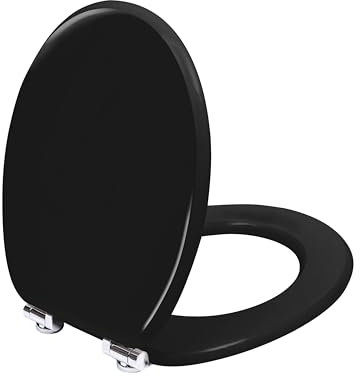 TODOT Abattant WC avec Frein de Chute Silencieux, Lunette de Toilette en Bois MDF, Finition Laquée Effet Miroir, Charnières Inox/Zinc Ajustables, Compatible Cuvette O, Capacité jusqu'à 175 kg (Noir)