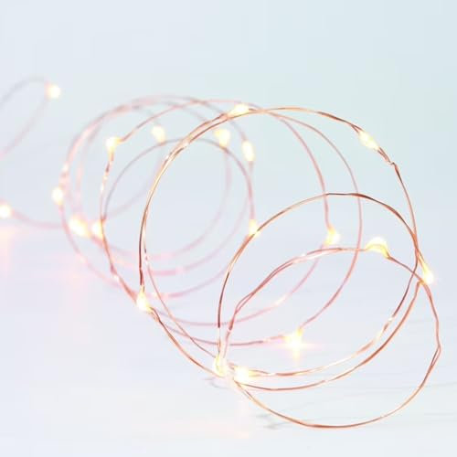 Brightium Guirnalda de luces LED de alambre de cobre, 2 m, pilas de botón, luz blanca fría, ideal para decorar fiestas y ambientar espacios.