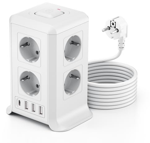 Torre Regletas Enchufes, Regleta USB 8 Tomas de AC y 4 USB Enchufe Multiple,Regleta Enchufes Proteccion Sobretension, 2 M Regreltas Vertical con Interruptor para Mesa, Oficia, Casa