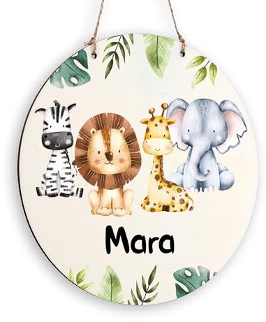 Holzura Türschild mit Namen – Personalisiertes Namensschild aus Holz rund, Deko fürs Kinderzimmer oder Babyzimmer, Geschenk zur Geburt & Taufe