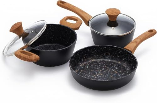 Jovire 5pc Non‑Stick Cookware Set 28cm Pan Saucepan Stockpot w/Lids Black | Suitable for induction & gas hobs | Dishwasher safe | PFOA‑free & PTFE‑free | Stylish & durable | Ergonomic handle