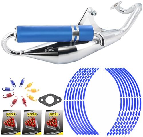 Area1 Sport Auspuff Set Tecnigas Q-Tre Schalldämpfer Blau passend für liegende 50ccm 2Takt Peugeo. Motoren z.B. Speedfight 3 Speedfight 4 JetForce C-Tech + Gratis Tuning Zubehör
