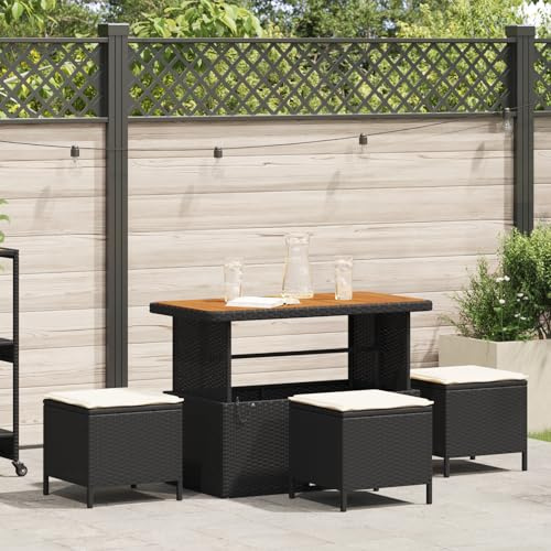 JHQHSM 4-TLG. Garten-Essgruppe mit Kissen Schwarz Poly Rattan Akazie, Rechteckiger Outdoor Bartisch Set mit 3 Hockern für Balkon Terrasse Garten, Wetterfeste Sitzgruppe aus robustem