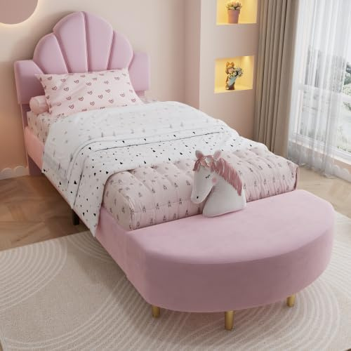 vutizal Polsterbett 90x200 für Mädchen in Rosa Samt | Einzelbett mit weichem Kopfteil, Bettbank und Antikollisionskanten | Komplett-Set in Pink, mit Stauraum und Leselicht
