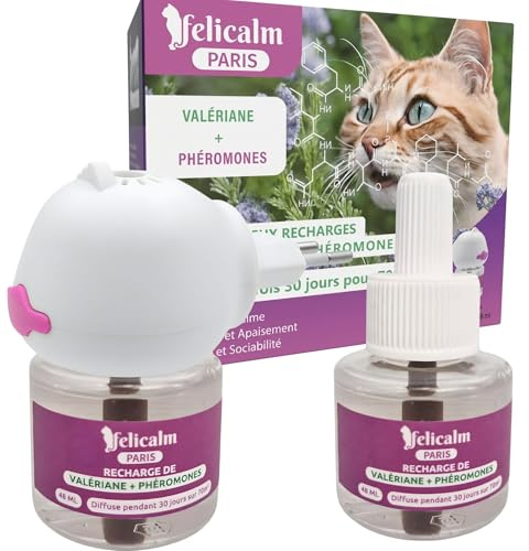 FELICALM Diffuseur Chat Valériane + Phéromones sans Odeur- Double Action Apaisante, 2 Recharges 60 J de Calme