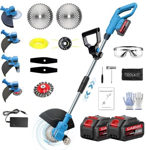 Rasentrimmer mit Akku und Ladegerät, 21V Rasentrimmer und Kantenschneider, mit 2X3.0Ah Akku & Unkrautbürste, 4 Klingentypen, Bürstenloser Motor - Blau