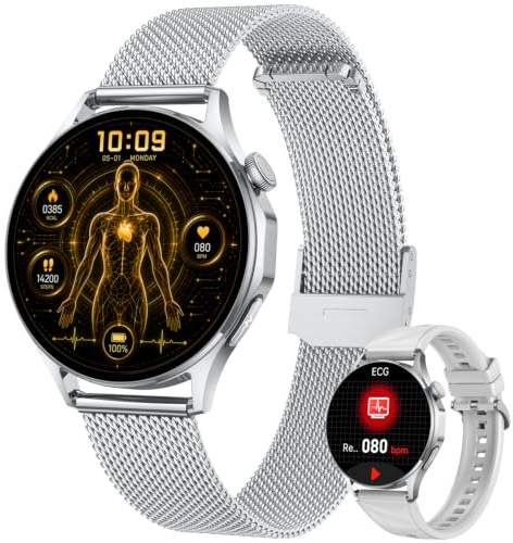 Smartwatch Damen mit EKG HRV Blutdruck: Damenuhr ECG PPG Smart Watch Uhr 1,32 Rund AMOLED Armbanduhr IP67 Wasserdicht Herzfrequenz Schrittzähler Telefonfunktion Digital Fitnessuhr für Android iOS