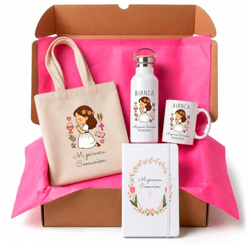 Pack Primera Comunión Niña Personalizado con Nombre y Fecha, Botella Térmica, Taza personalizada, Bolsa y Libreta A5 a conjunto, regalo comuniónes niñas. (REZO COMUNIÓN)