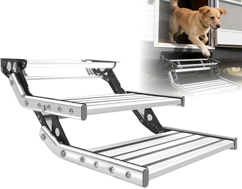 RV steg, vikbar husbilstrappa i aluminium, extra bred halkfri ingångssteg, 150 kg lastkapacitet, 2-stegs automatisk för släpvagnar och husbilar