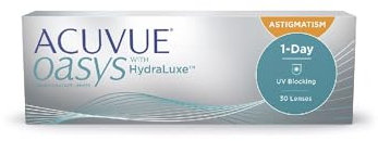 ACUVUE OASYS 1-Day for Astigmatism Kontaktlinsen – Tageslinsen mit komfortablem Tragegefühl – -1,25 dpt, Cyl -0,75, Ach 20 und BC 8.5 – Mit UV Schutz und Austrocknungsschutz – 30 Linsen