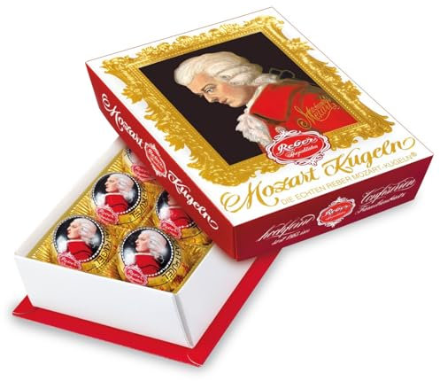 Reber, Mozart-Kugeln Barock, 6er Packung, Mozart-Kugeln aus Zartbitter-Schokolade, Gefüllt mit Pistazien-Marzipan, Mandeln und Haselnuss-Nougat, 120g (6 Mozart-Kugeln)