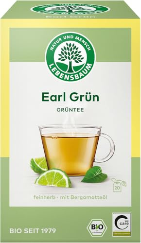 Lebensbaum Grüntee Earl Grün, Bio Grüntee, aromatischer Grüner Tee mit Bergamotte und Zitronen-Aroma, 20 Teebeutel, 30g