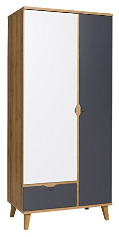 Drehtürenschrank Memone TM07 mit 2 Türen und Schublade, Kleiderschrank mit Kleiderstange, Elegantes Schrank für Jugendzimmer, Schlafzimmer (Eiche Gold/Graphit)