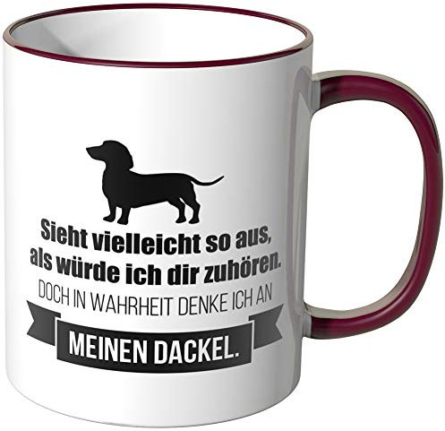 JUNIWORDS Tasse - Ich denke an Dackel - Wähle Motiv & Farbe - Bordeaux