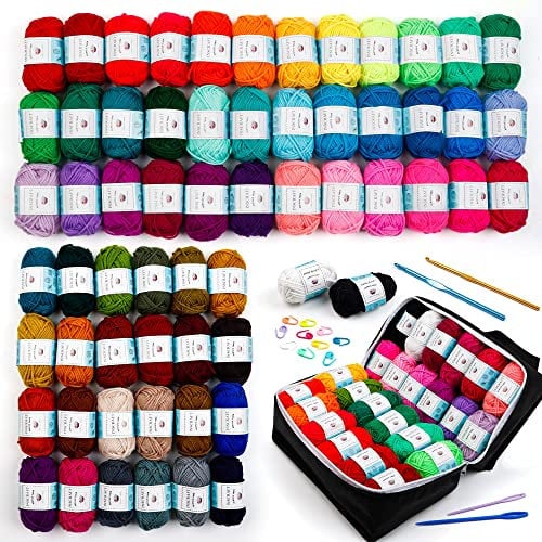 Inscraft Häkelwolle Set, Häkelgarn Set mit 2170yd Strickgarn in 62 Farben, 2 Häkelnadeln, 2 Stricknadeln, Aufbewahrungsbox und mehr, Häkelset für Anfänger, Acrylwolle zum Häkeln & Stricken