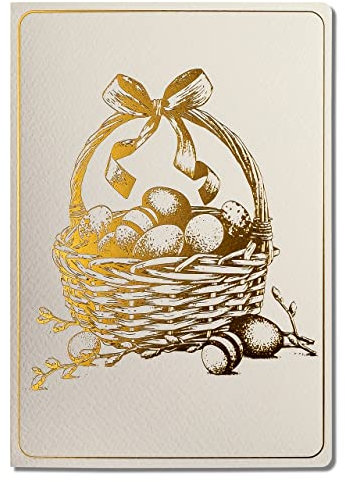 ART NUVO EXKLUSIVE OSTERKARTEN –SATZ VON 10 MANUFAKTURKARTEN IN LEICHTEM BEIGE 120x170mm, VERGOLDETE UND GEPRÄGTE OSTERMOTIVE HERGESTELLT AUS AQUARELLSCHMUCKPAPIER, MIT BEIGEN EINLAGEN UND UMSCHLÄGEN