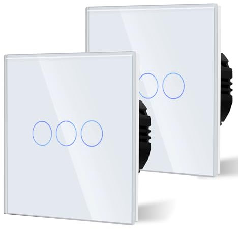 BSEED 2er Pack Normal Touch Lichtschalter, Glas Berührung Wandlichtschalter 110V - 240V 10 Amp Gehärtete Kristallplatte mit LED Lampe Hintergrundbeleuchtung 3 Fach 2 Weg Weiß