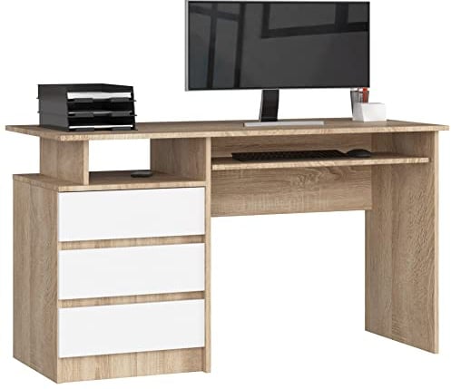 AKORD PC-Schreibtisch CLP 135 mit Tastaturablage | Office Desk | Computertisch | Bürotisch | 3 Schubladen, 1 Ablagefach, B135 x H77 x T60 cm, 45 kg | Sonoma Eiche & Weiß Front