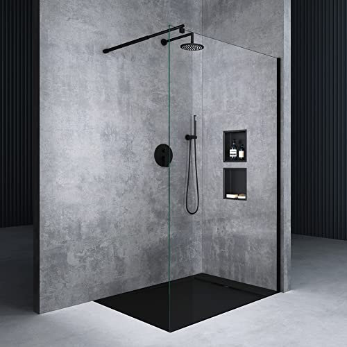 Mai & Mai Duschwand für Dusche Duschabtrennung 140x200cm Walk-In Schwarz ESG-Sicherheitsglas 10mm NANO Glas BRAM1 Bremen2K
